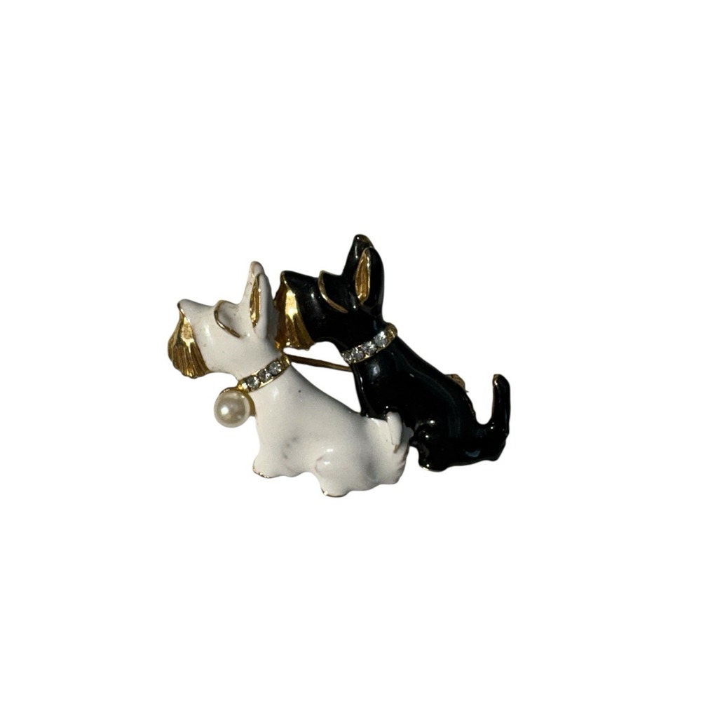 Vintage GoldTone Enamel Duo Scottie Dogs Rhinestone Collar Faux Pearl Brooch Pin